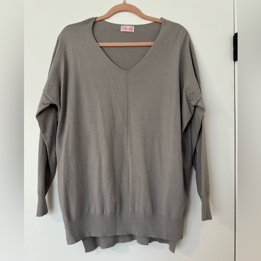 Pink Lily Gray V-Neck Sweater